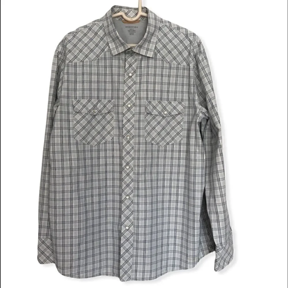Banana Republic Shirt - Pearl Snaps - Long Sleeve - White/Blue - Western Style